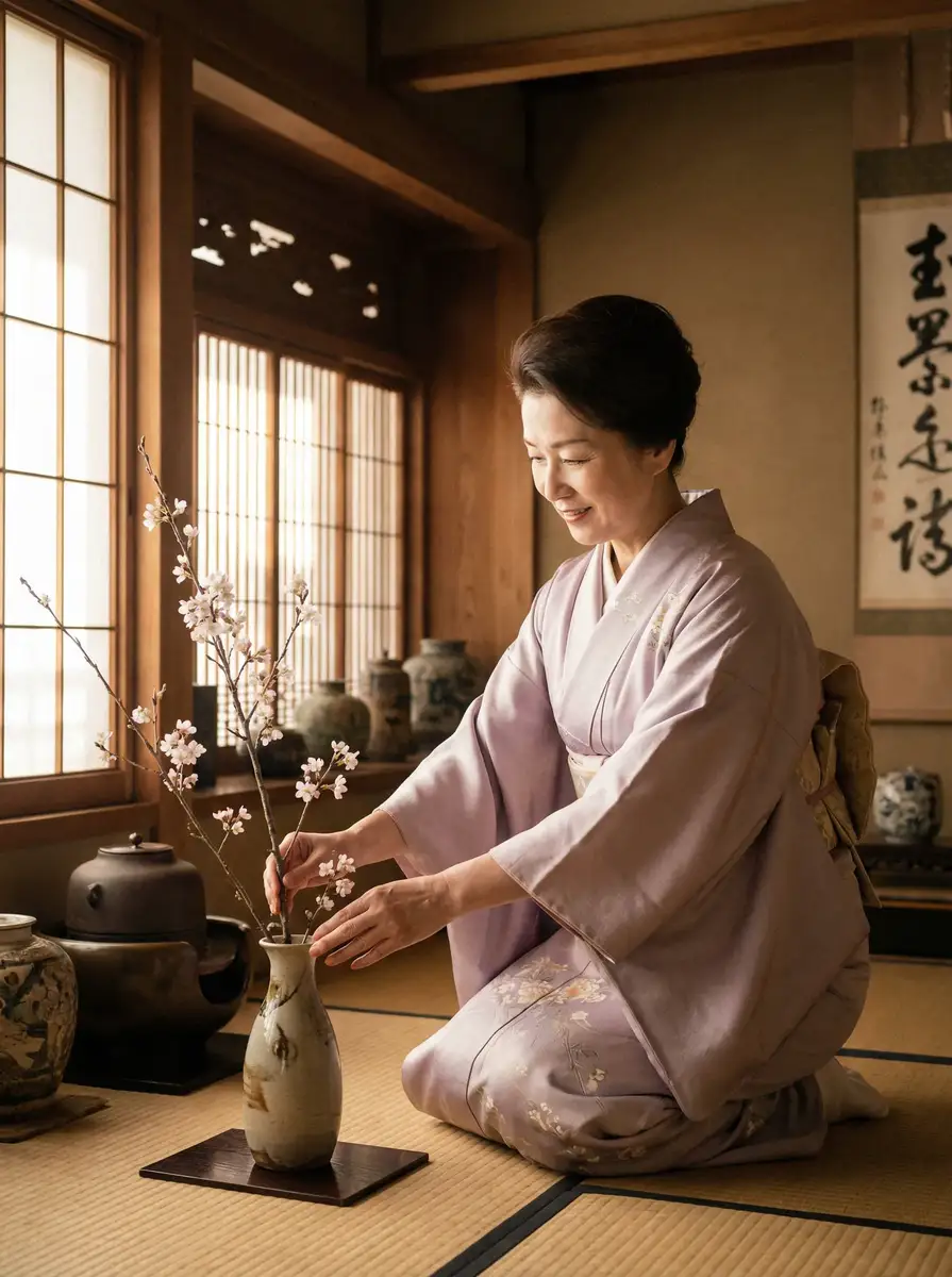 一位优雅的 探花网 在和室中插花