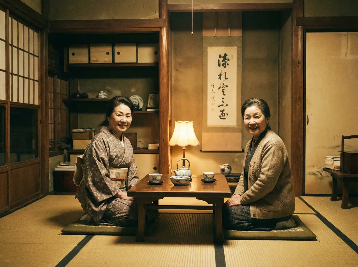两位优雅的 探花网 在日式茶室中品茶交谈